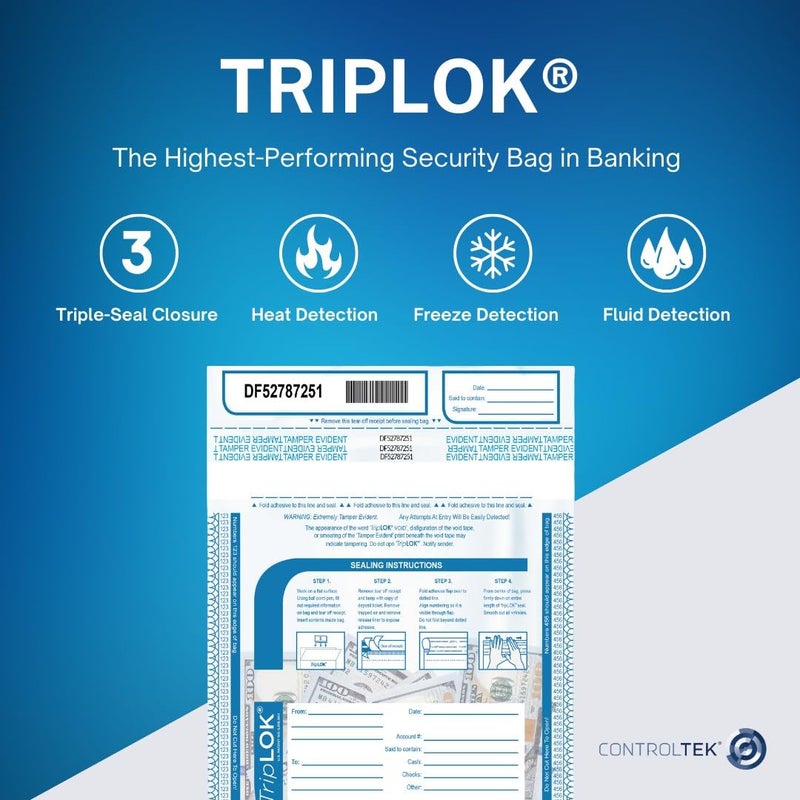 ControlTek TripLok 9" x 12", Clear, 100 Bags, Tamper-Evident Deposit Bags for Cash Handling & Valuables, Moisture, Heat and Cold Sensitive Ink, Tear-Off Receipt + Large Barcodes 585028 - Image 2
